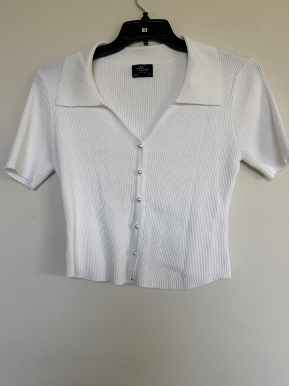 Pearl-Button Ribbed Polo Crop Top - White